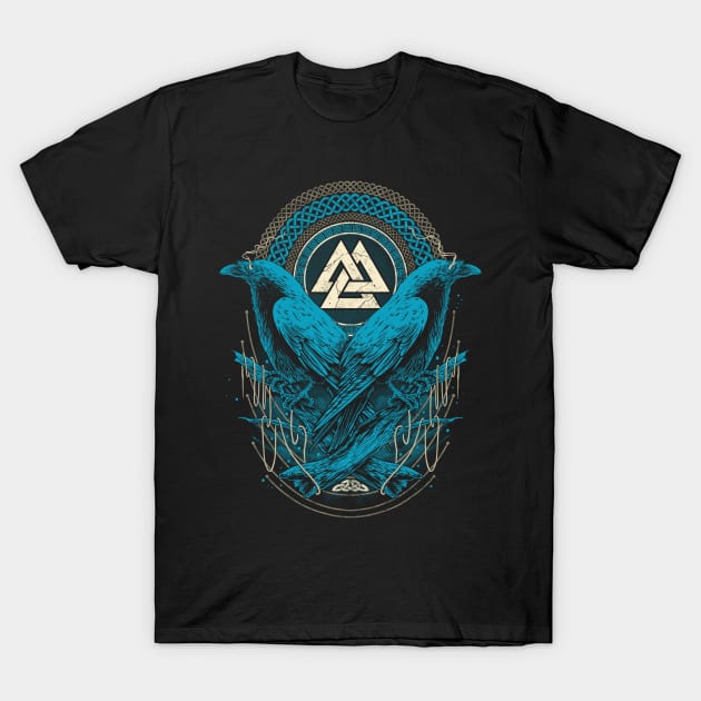 Ravens of Odin Norse Pagan Viking Raven Valknut T-Shirt by Blue Pagan